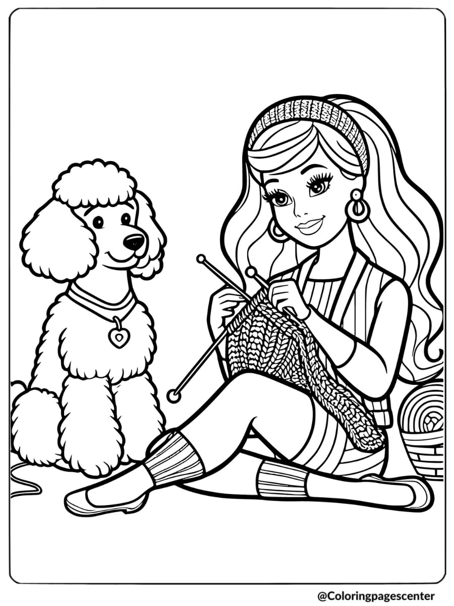 Barbie knitting beside her dog coloring page