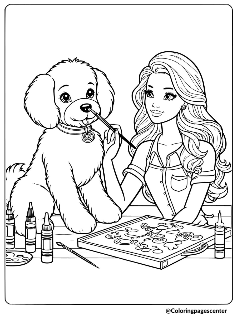 Barbie using paintbrush next to dog coloring page