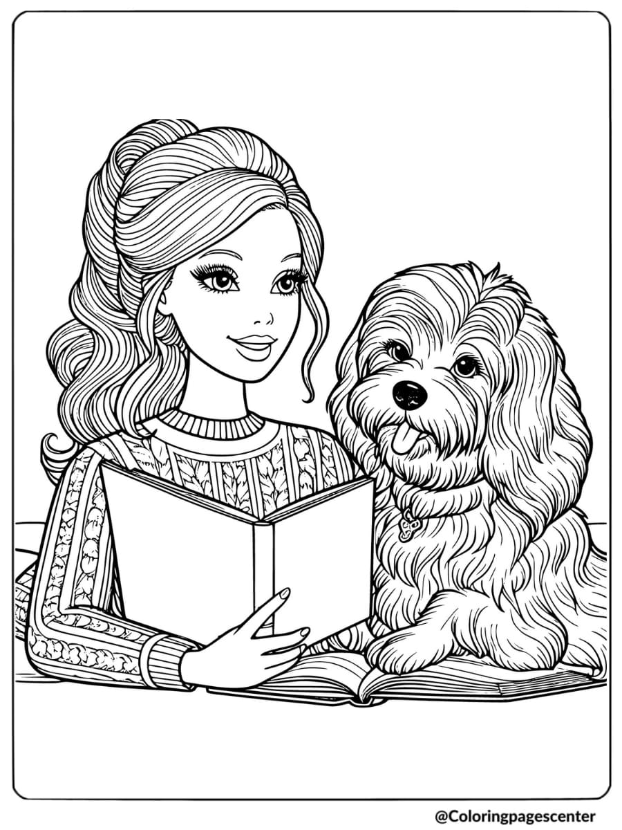 Barbie and fluffy dog enjoying a book coloring page