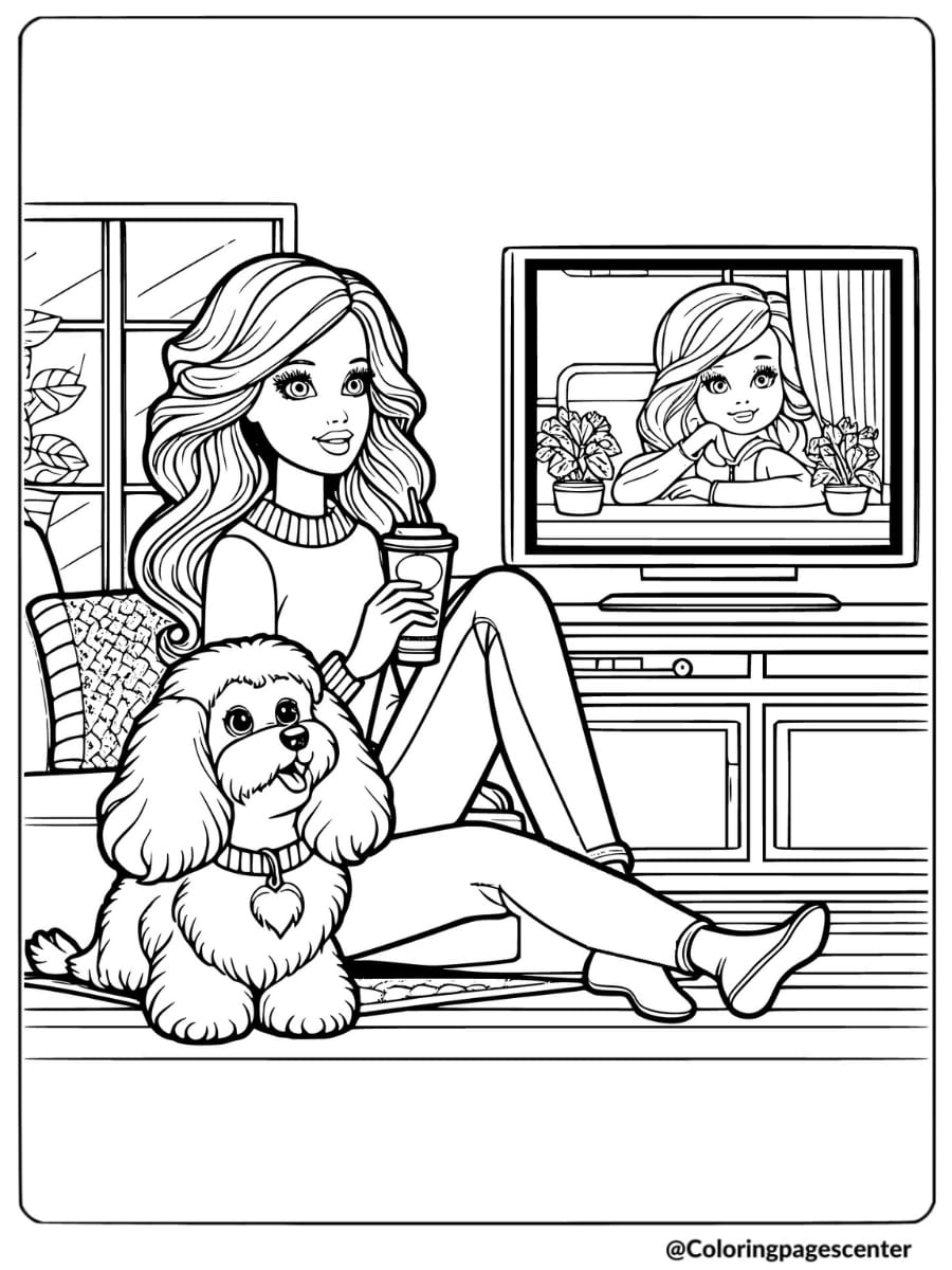 Barbie watching TV with dog on sofa coloring page