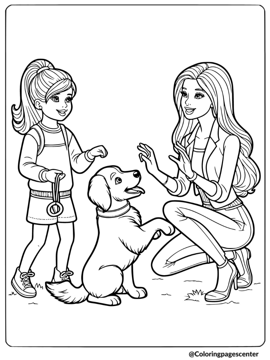 Barbie and girl training dog to sit coloring page