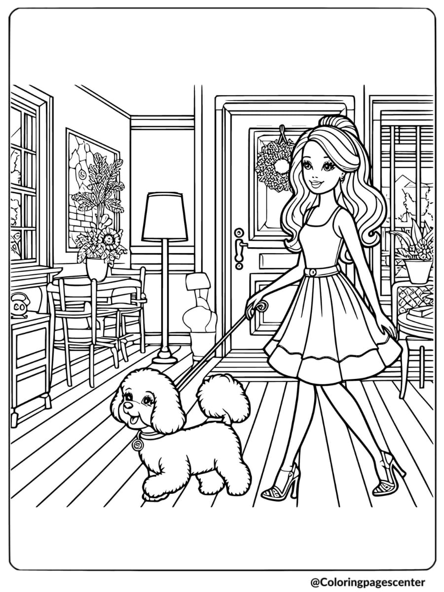 Barbie with her dog on a leash coloring page