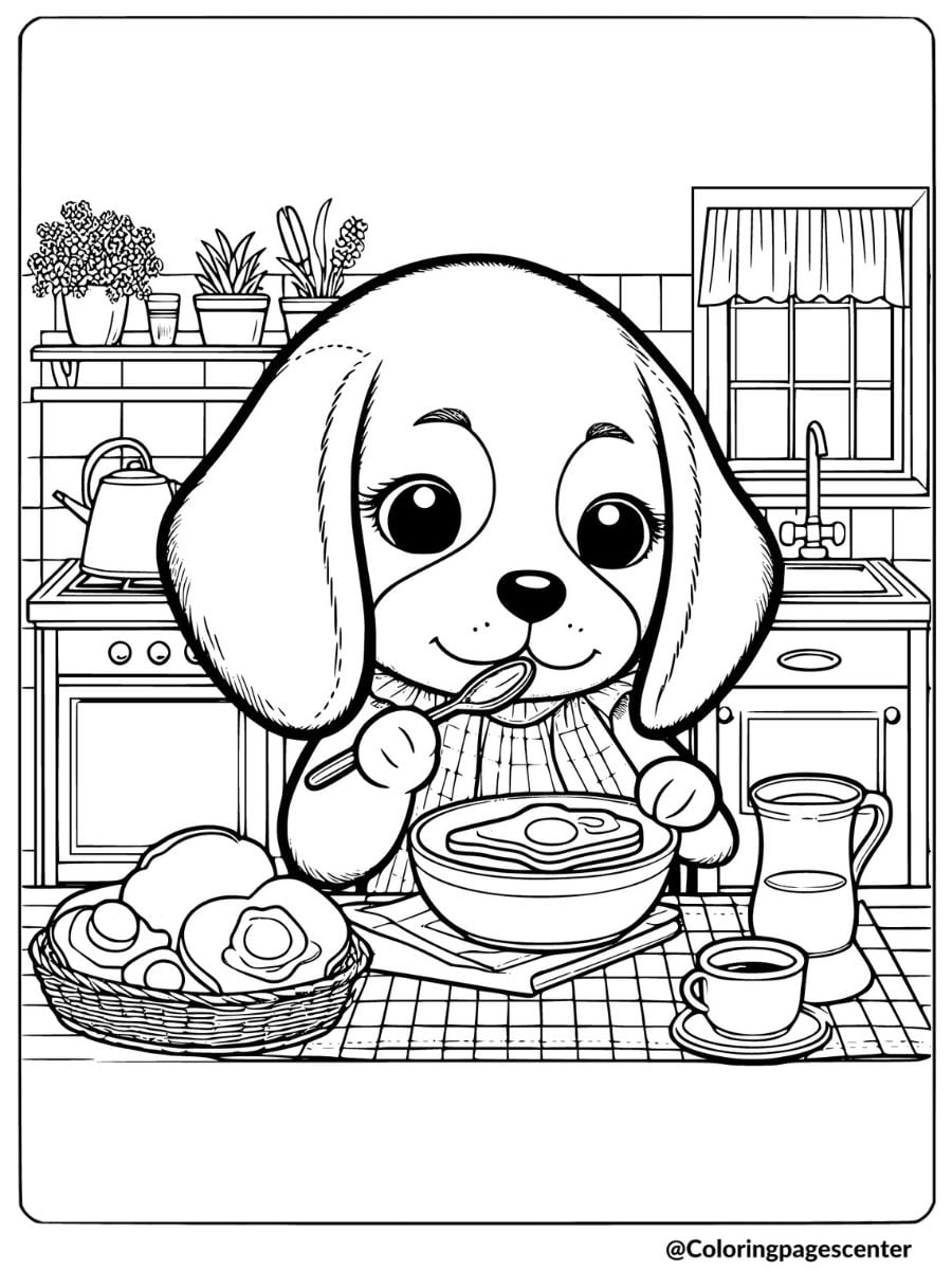 Beagle enjoying breakfast at a kitchen table coloring page