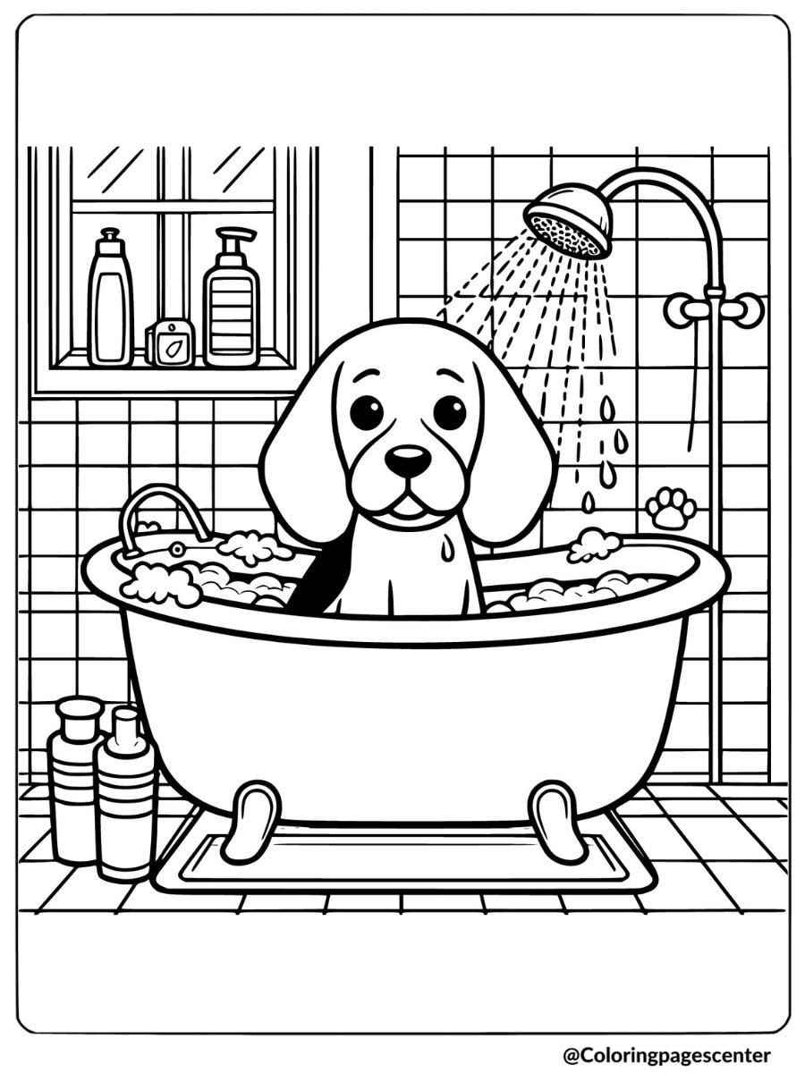 Cute beagle having a bath in a tub with bubbles coloring page