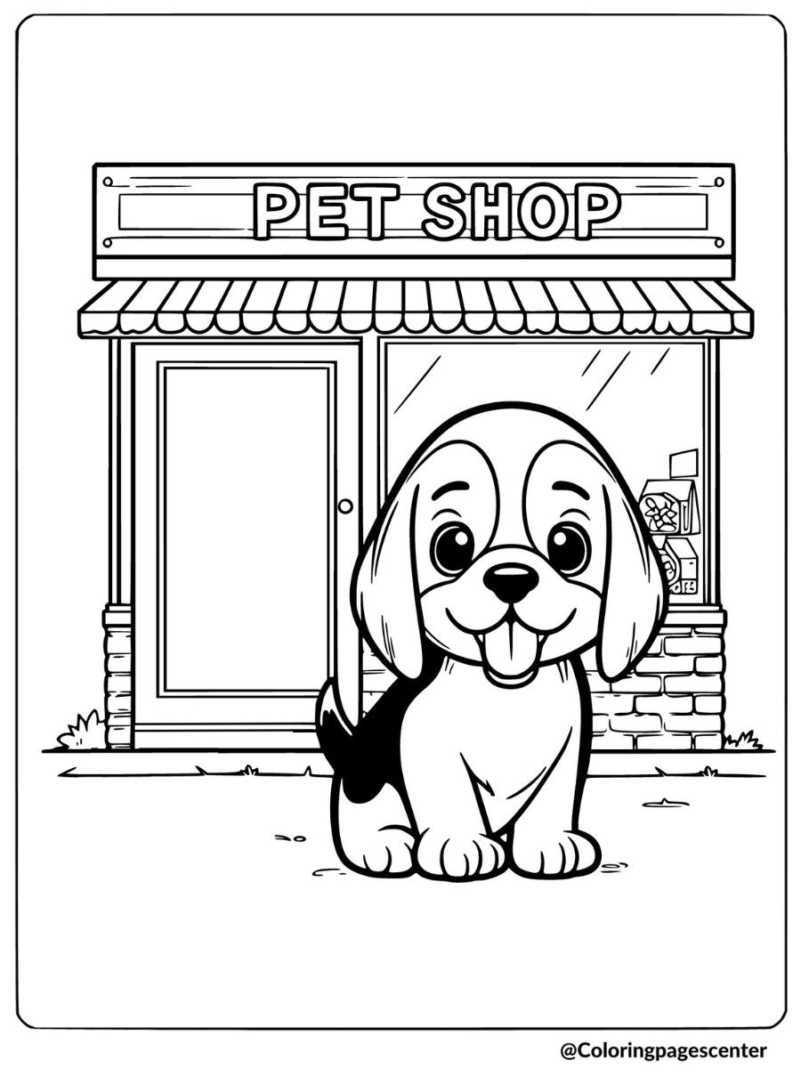 Smiling beagle sitting in front of a pet shop coloring page