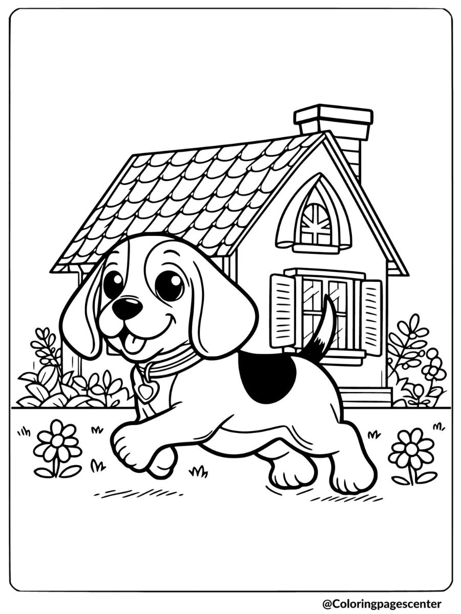 Playful beagle running around in front of a house coloring page