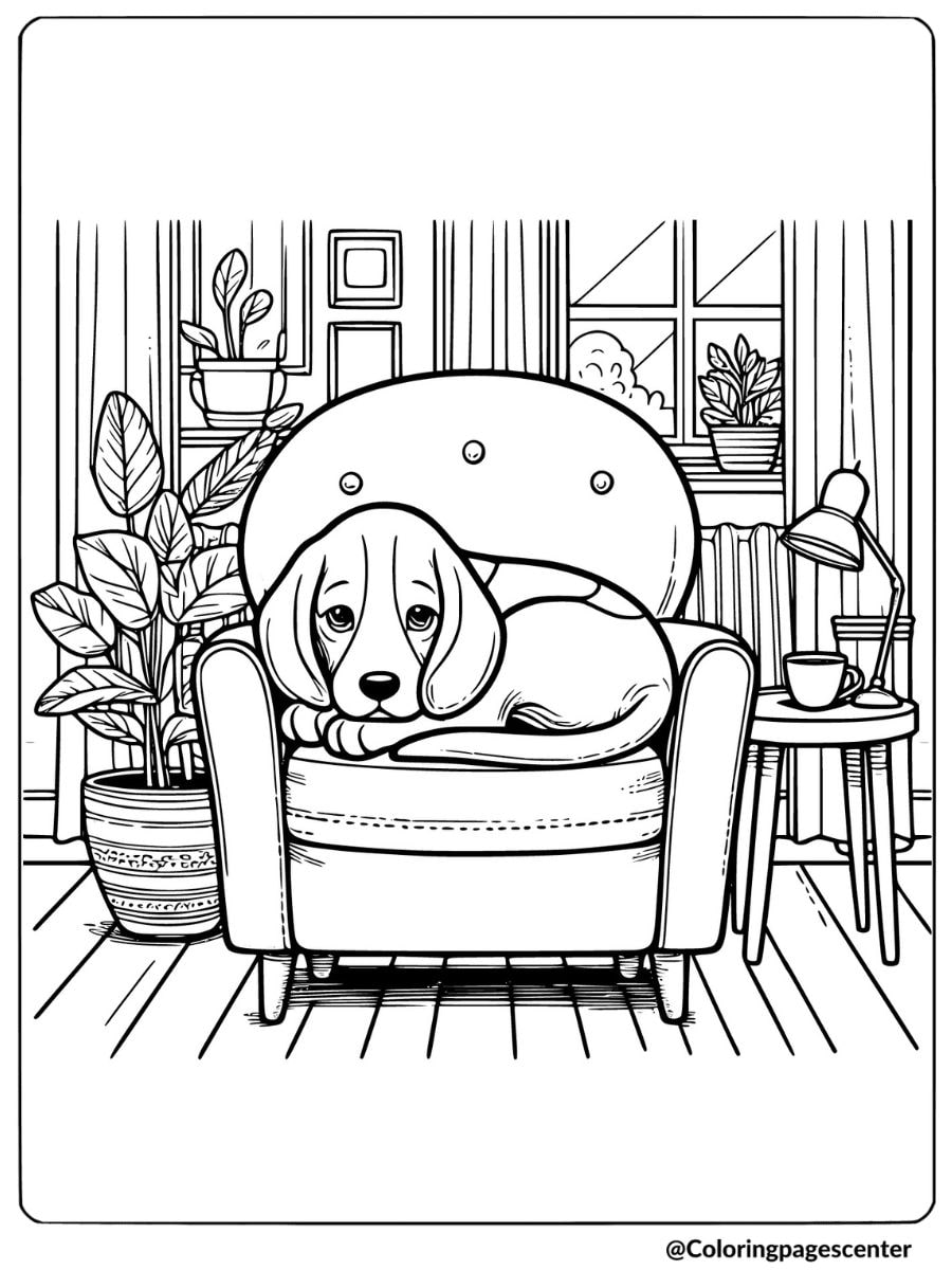 Beagle curled up in a chair in a cozy room coloring page