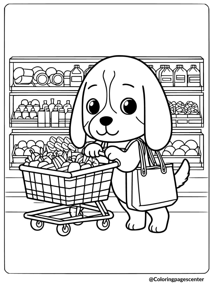 Beagle pushing a shopping cart in a grocery store coloring page