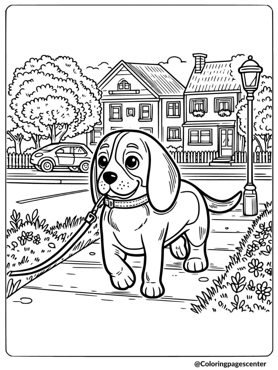 Beagle on a leash, taking a walk on the sidewalk coloring page