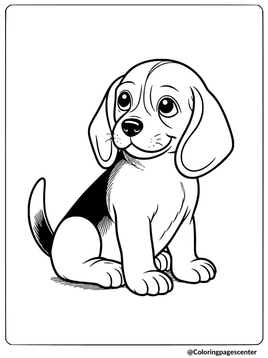 Cute beagle puppy sitting and smiling coloring page