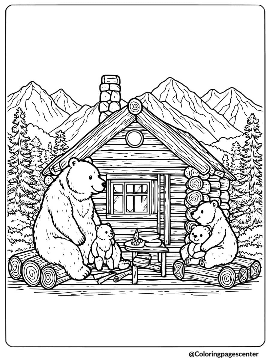 Bear family relaxing outside cabin coloring page