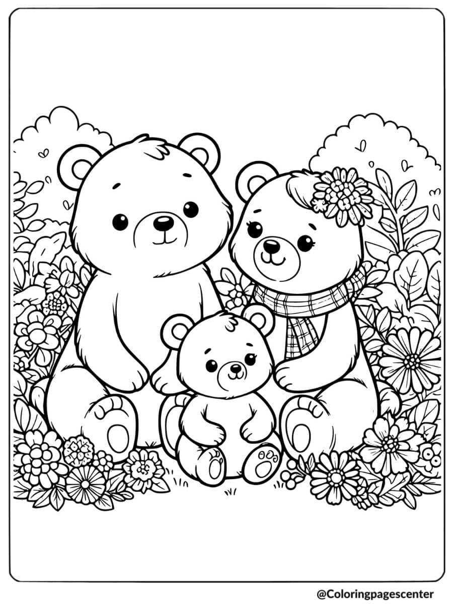 Bear family sitting in a flower garden coloring page