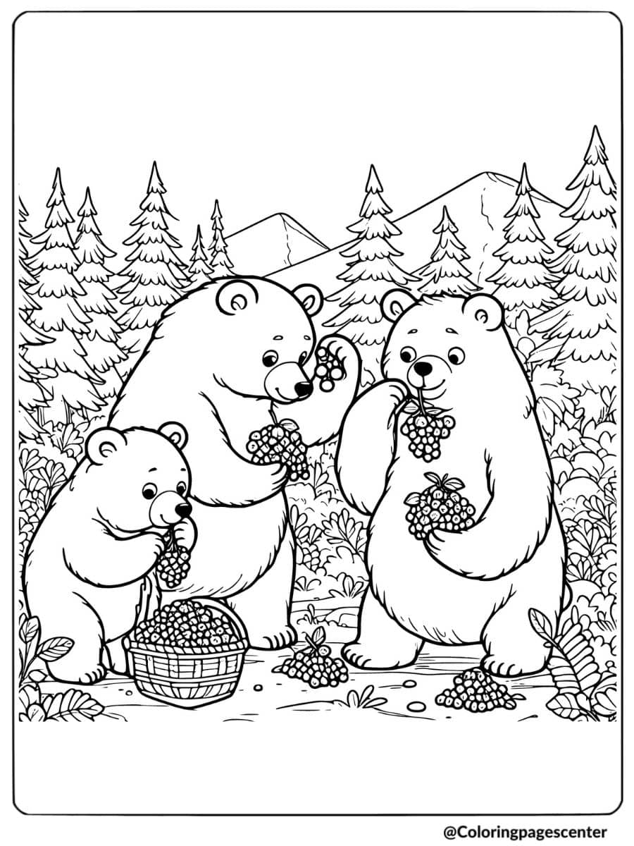 Bear family gathering berries coloring page