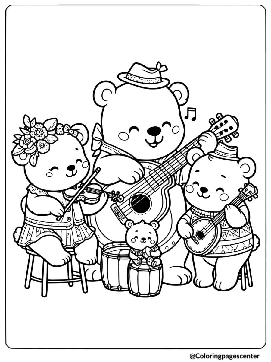 Bear family playing instruments coloring page