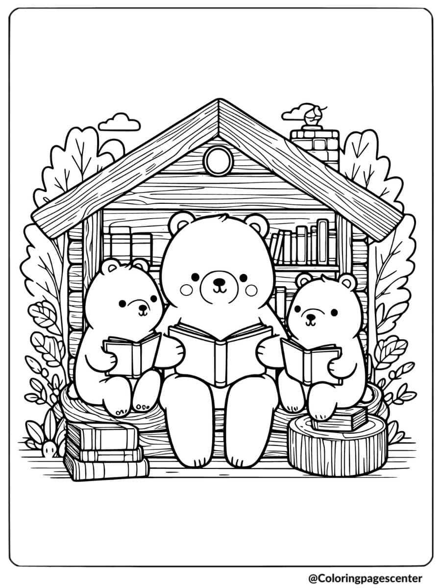 Bear family reading in front of house coloring page