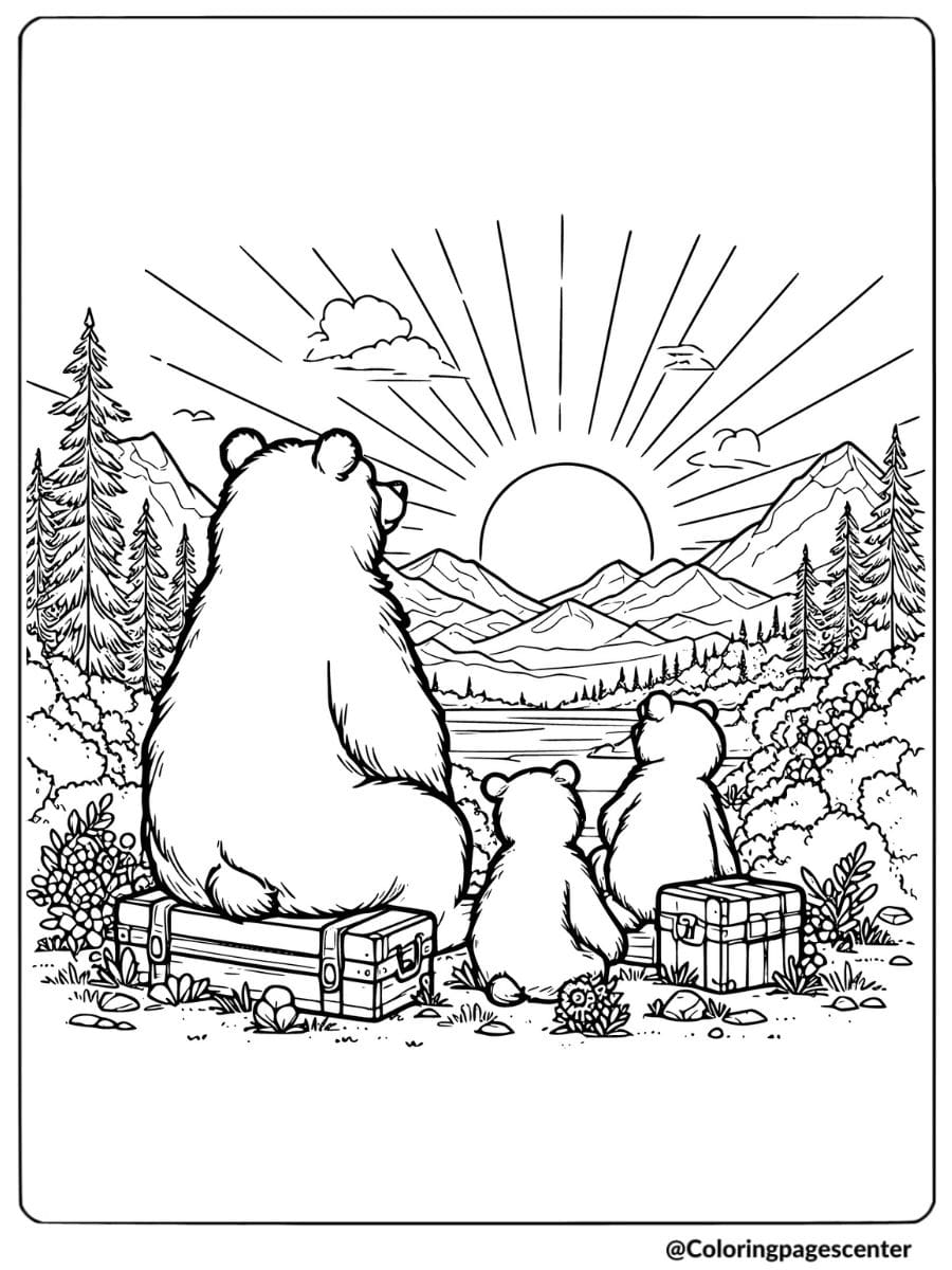 Bear family enjoying sunset view coloring page