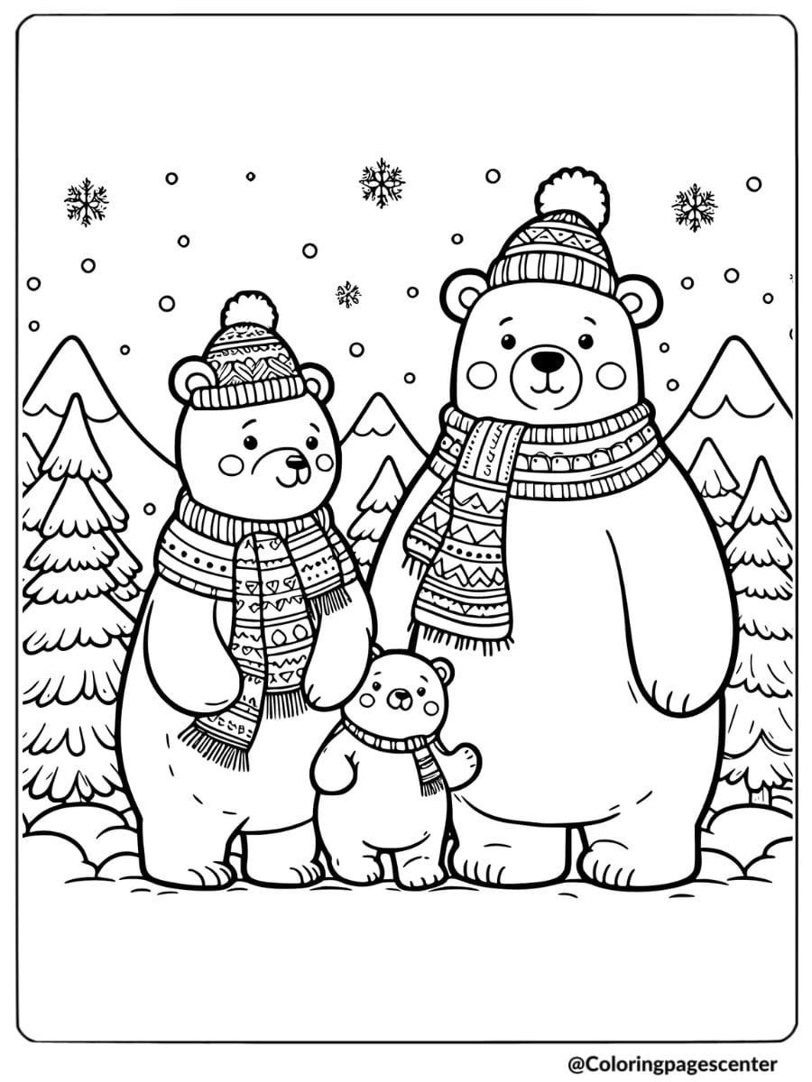 Bear family in winter scene coloring page