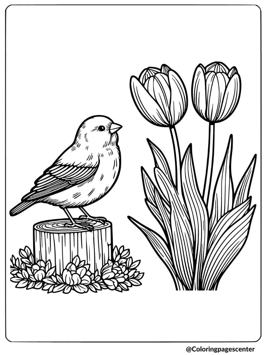 Bird and flower coloring page featuring tulips