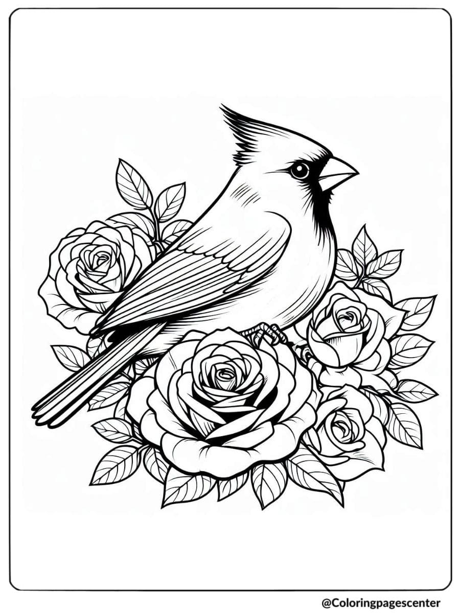 Bird and flower coloring page with a cardinal and roses