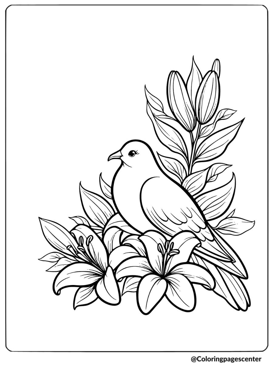 Bird and flower coloring page featuring dove and lilies