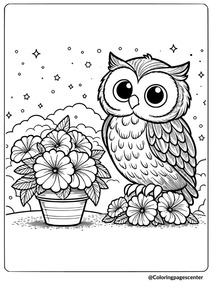 Coloring page of an owl and flower pot