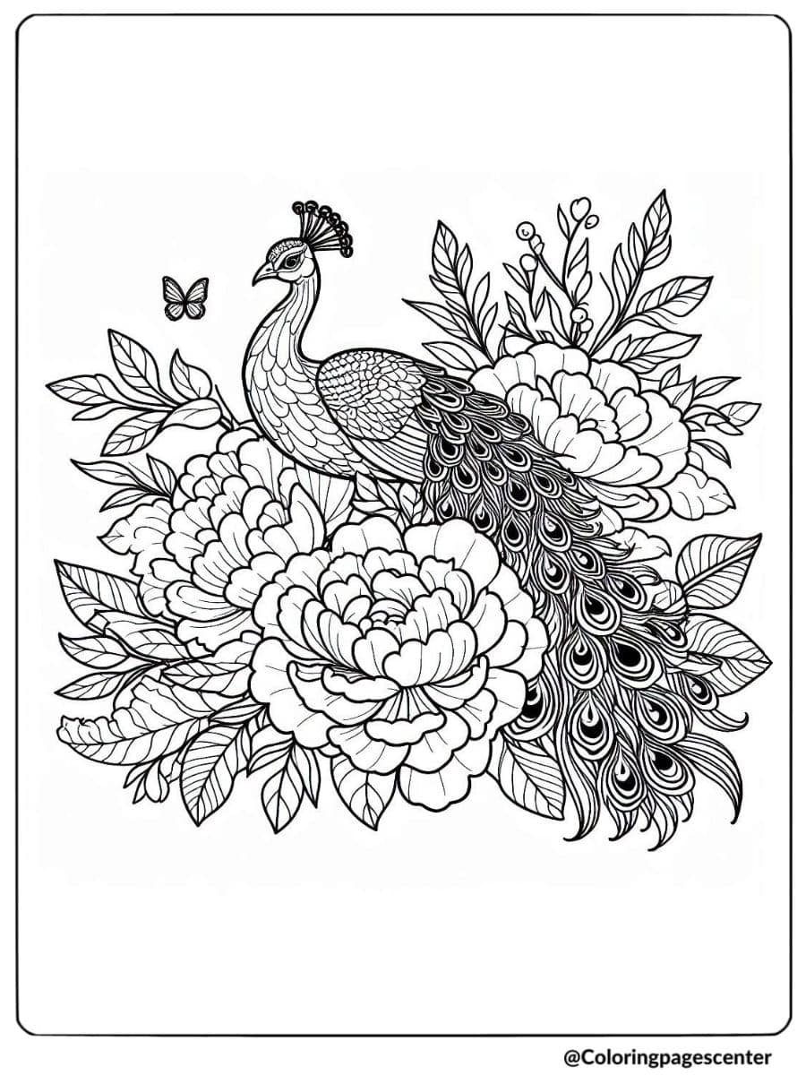 Bird and flower coloring page with peacock and peonies