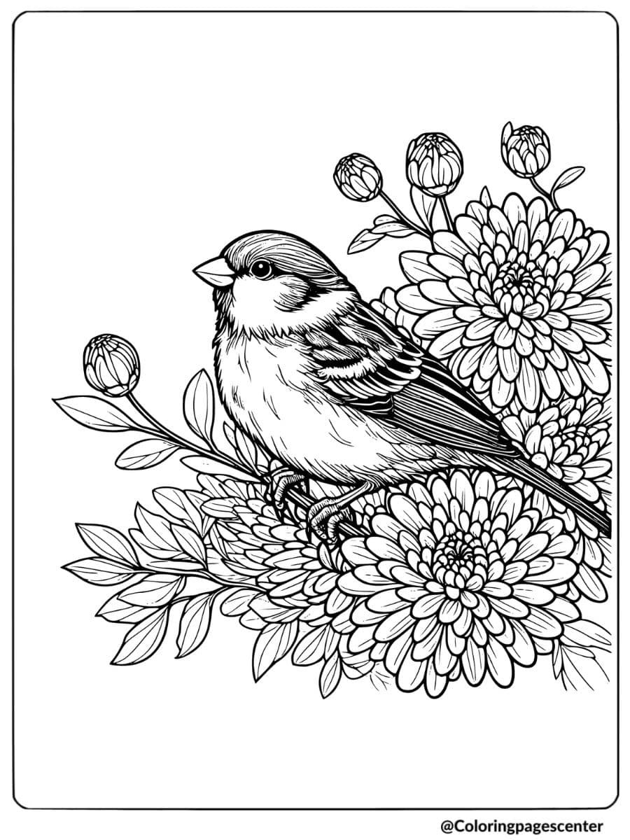 Bird and flower coloring page with sparrow and chrysanthemums