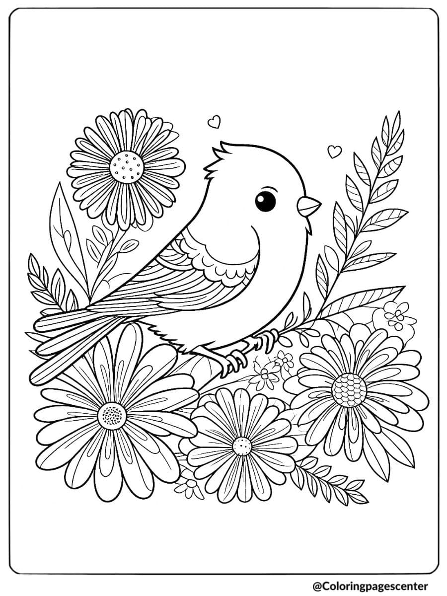 Cute bird with flowers coloring page