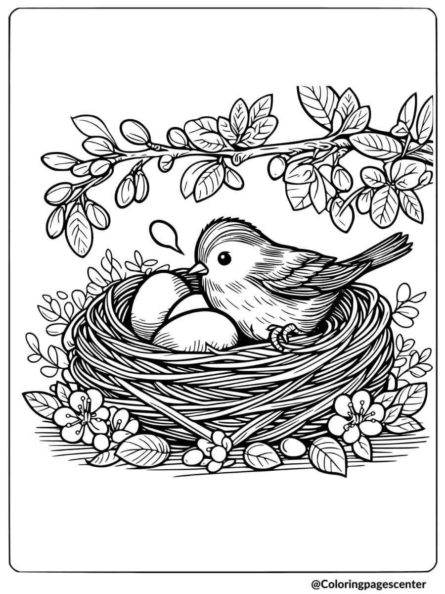 Bird sitting in nest with eggs coloring page