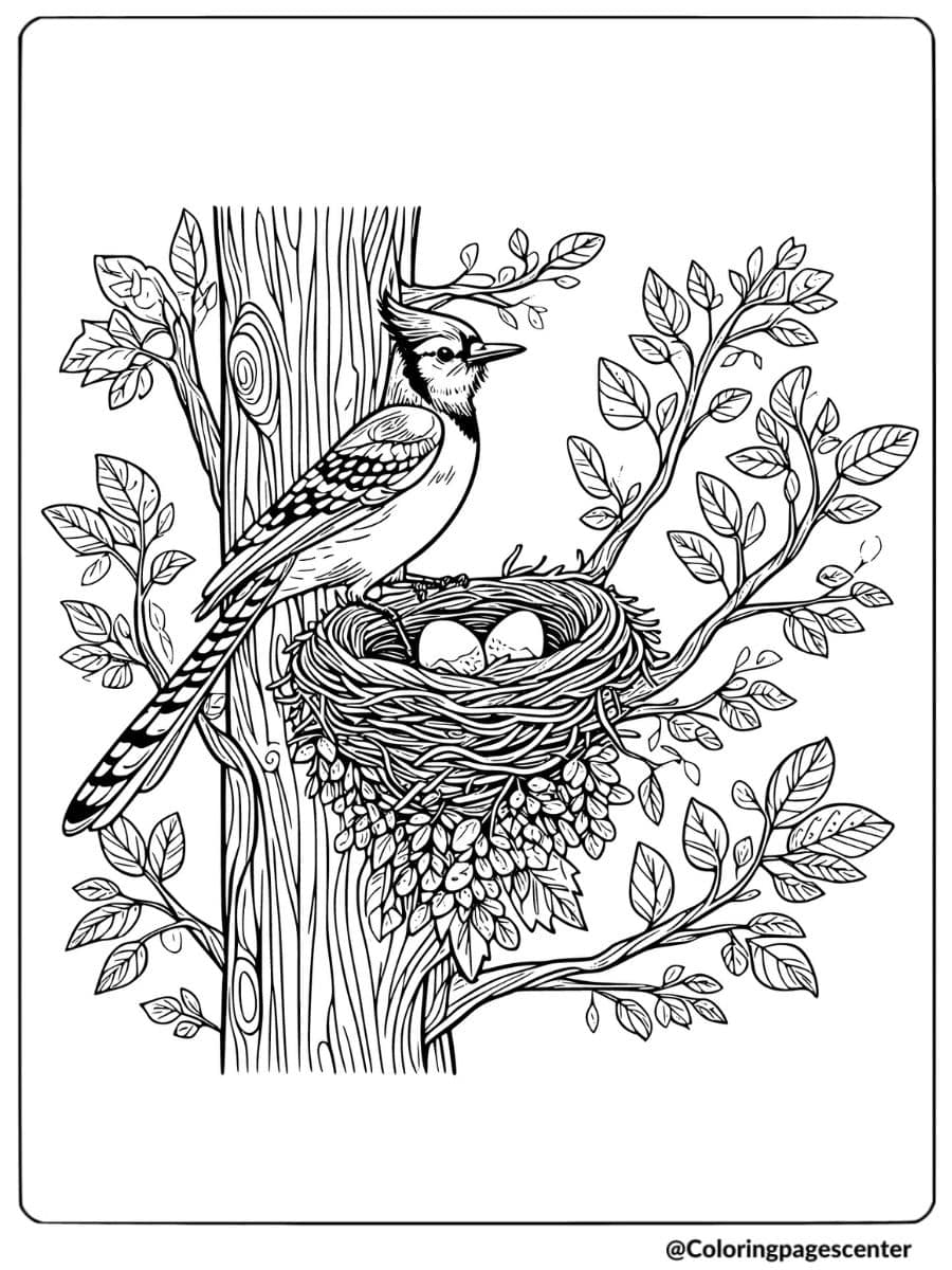 Blue Jay bird on nest with eggs coloring page