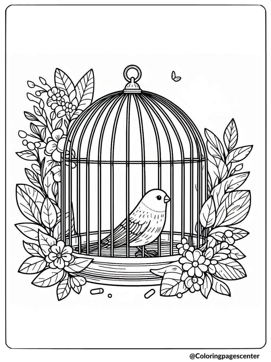 Canary bird in a cage with flowers coloring page