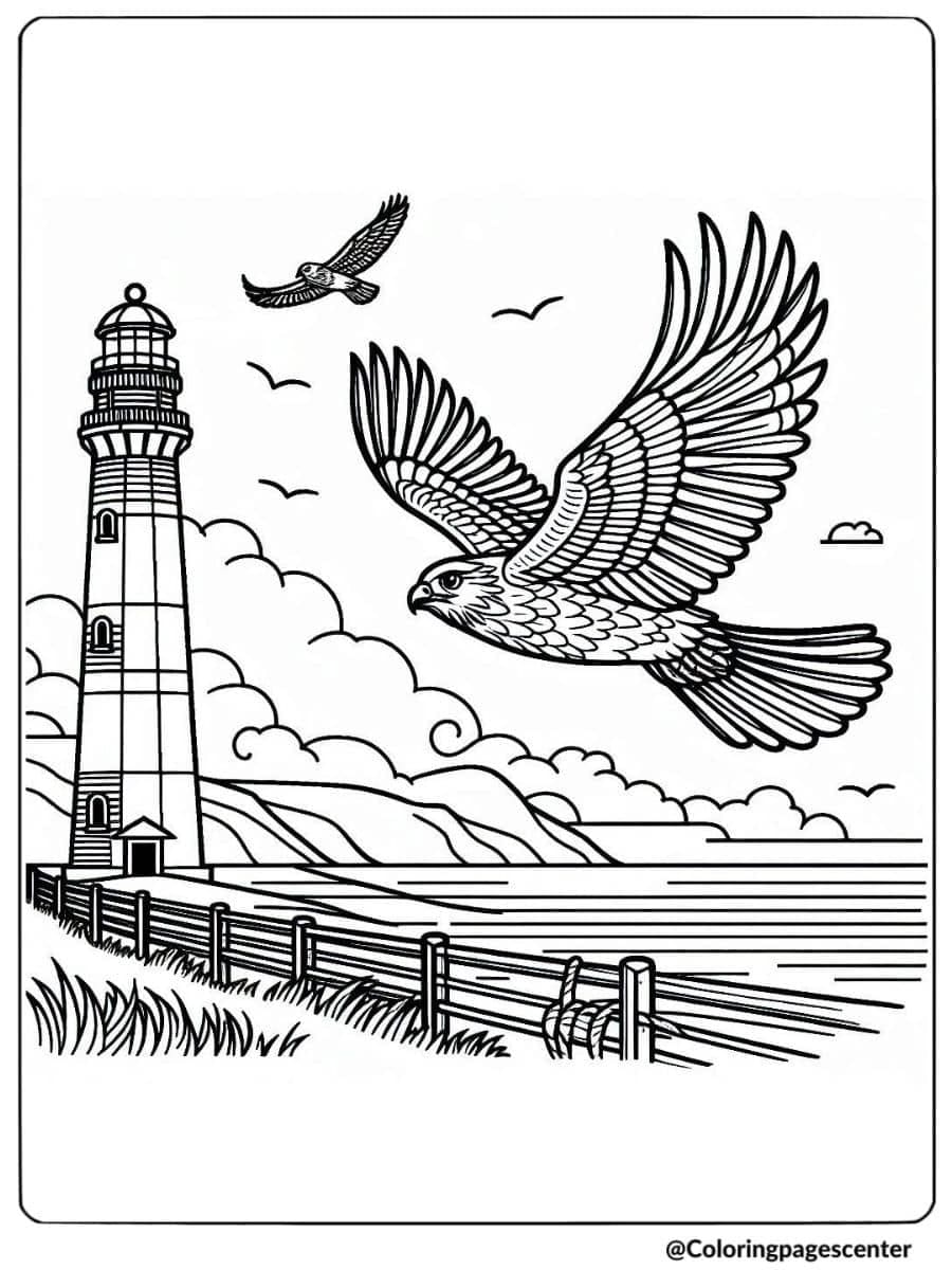 Hawk bird soaring by a lighthouse coloring page