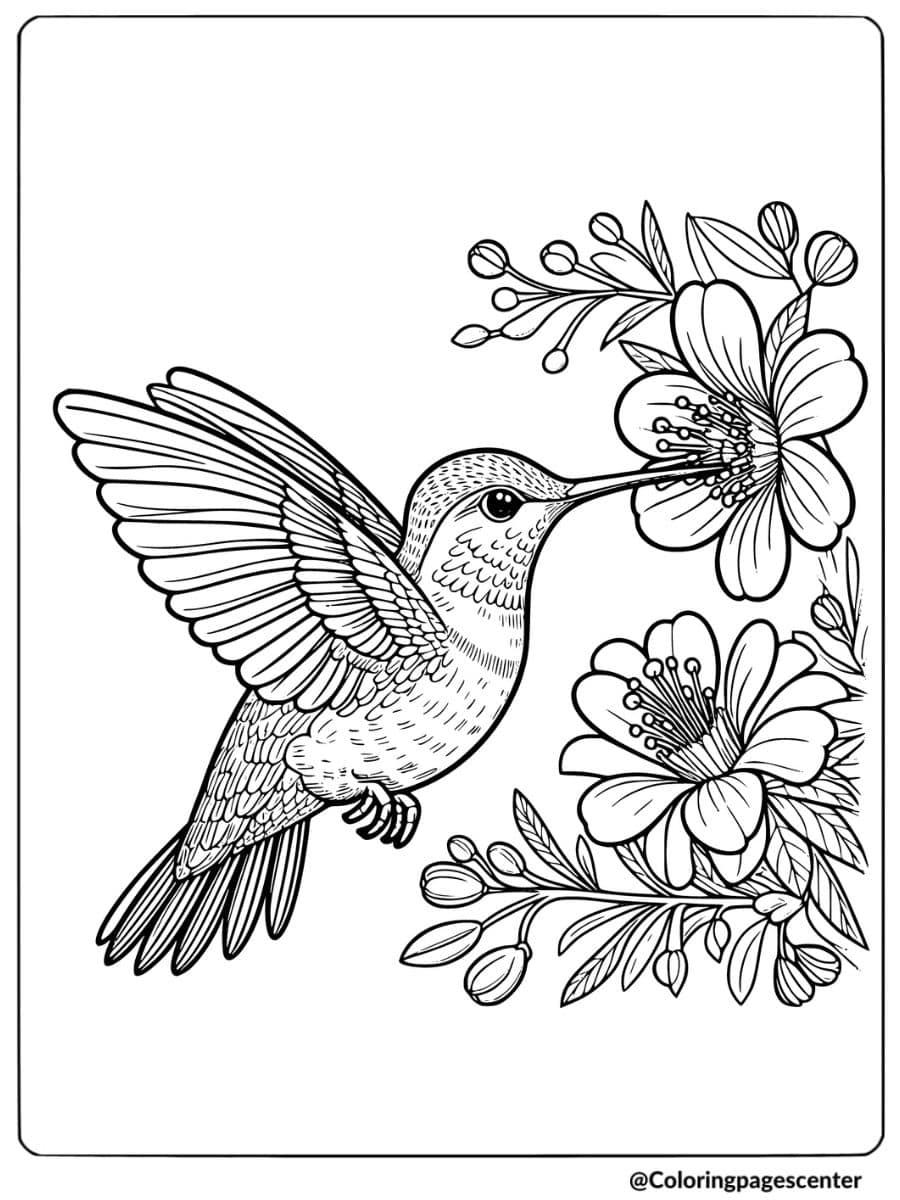 Hummingbird bird feeding on flowers coloring page