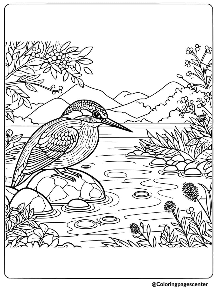 Kingfisher bird sitting by the river coloring page