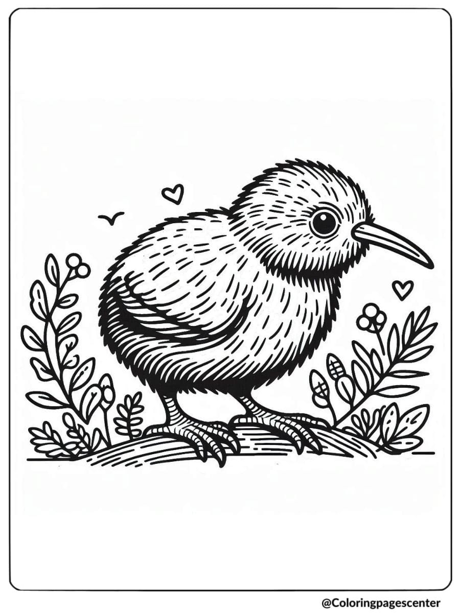 Kiwi bird surrounded by hearts and plants coloring page