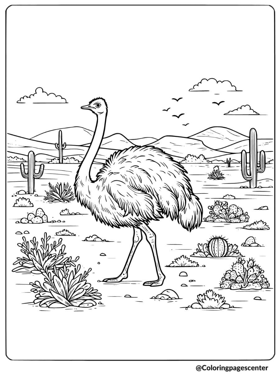 Ostrich bird standing in desert with mountains coloring page