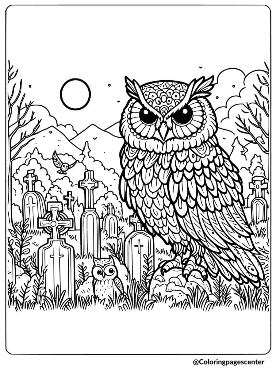 Owl bird sitting in a cemetery at night coloring page