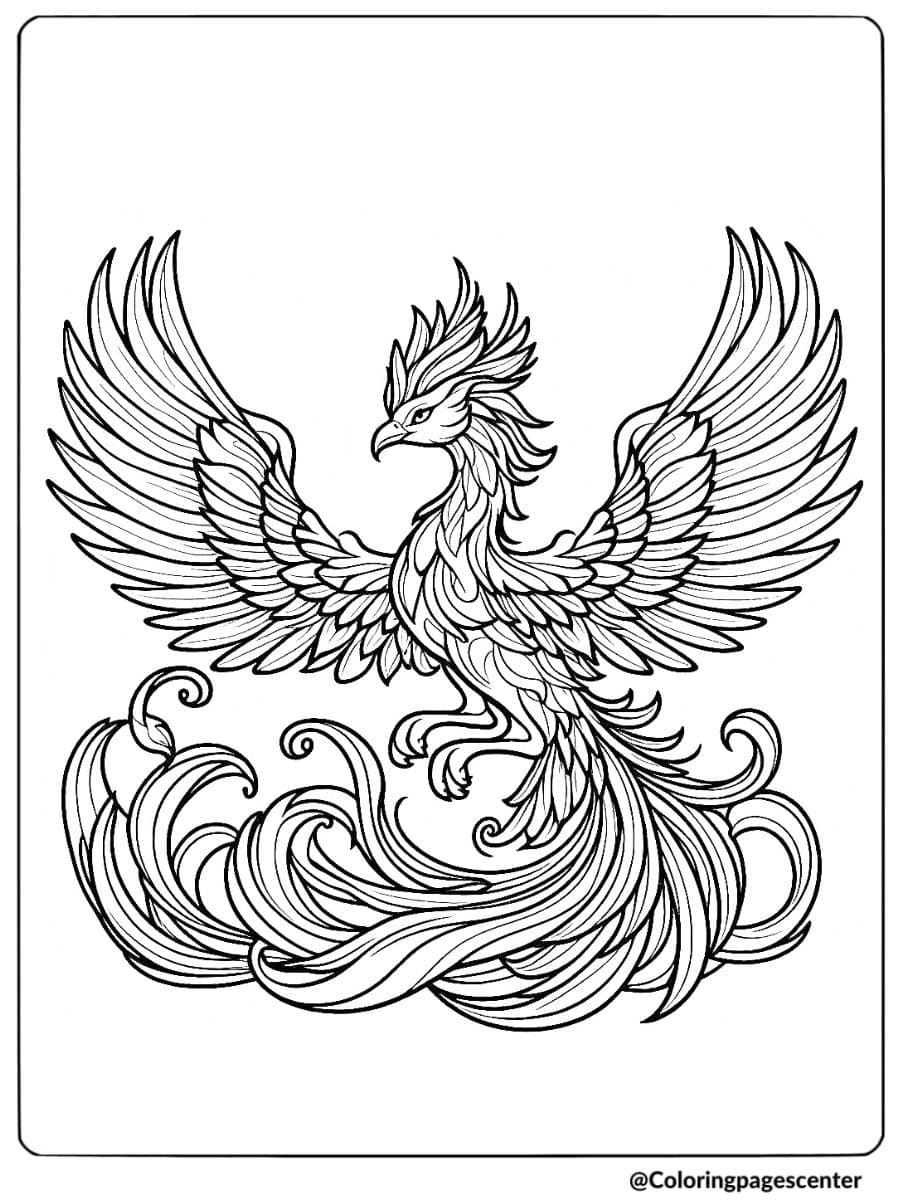 Phoenix bird soaring from flames with wings spread coloring page