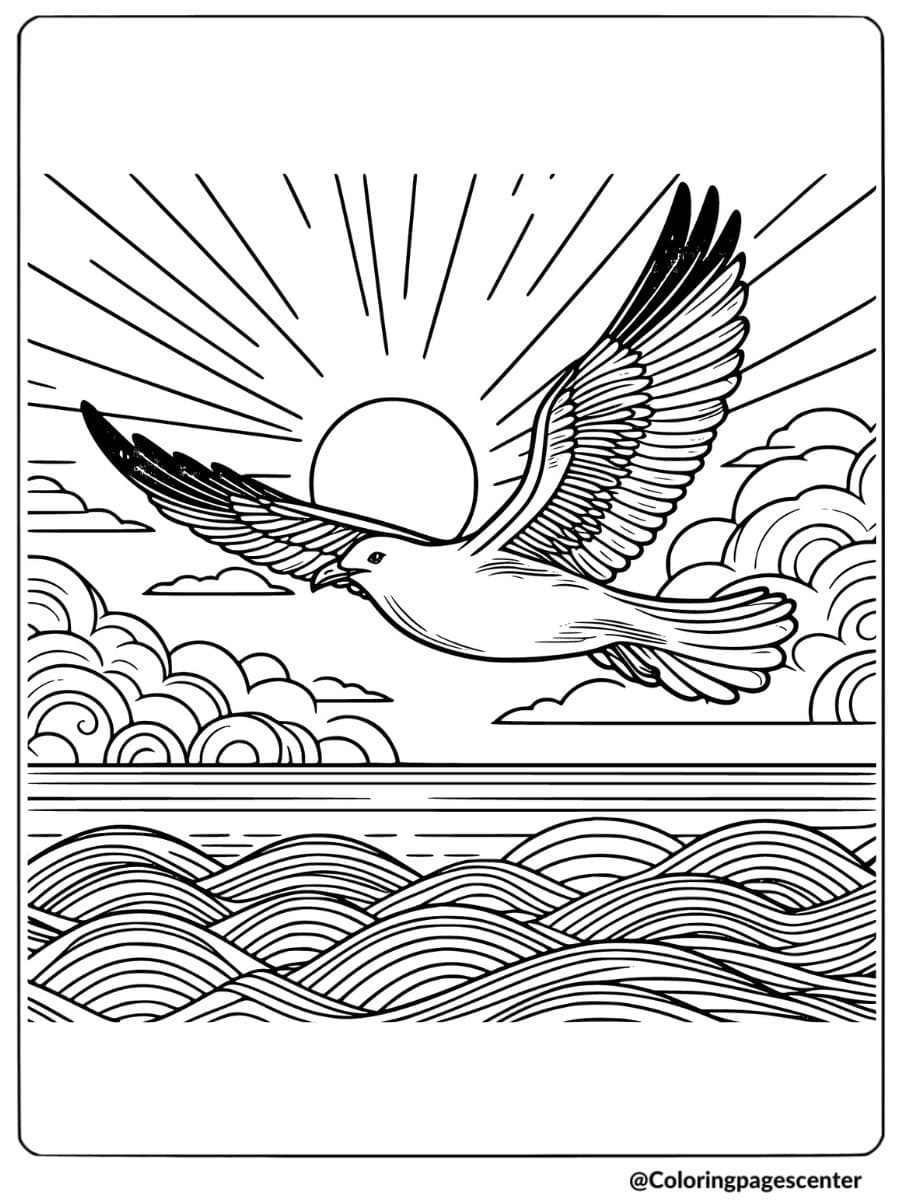 Seagull bird flying across a sunset sky coloring page