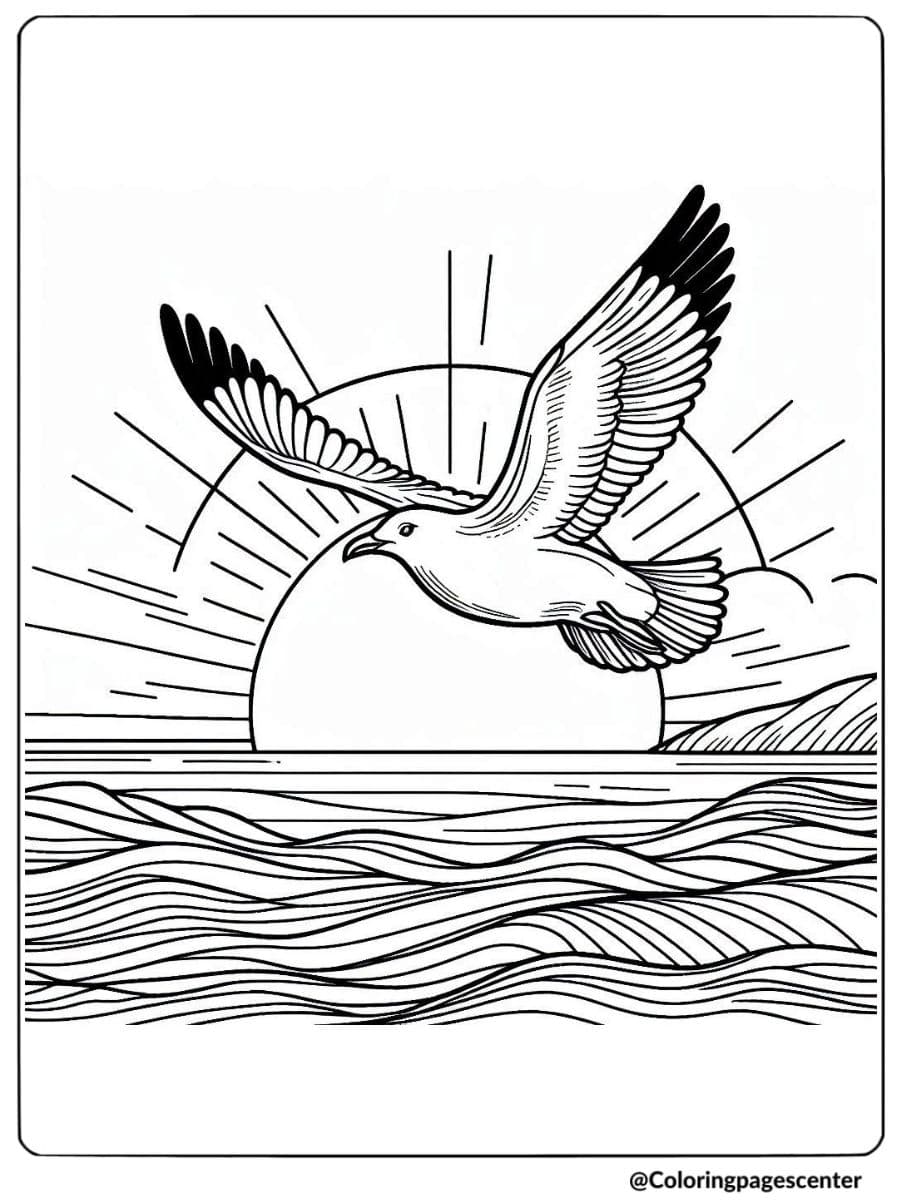 Seagull bird flying over the ocean at sunrise coloring page