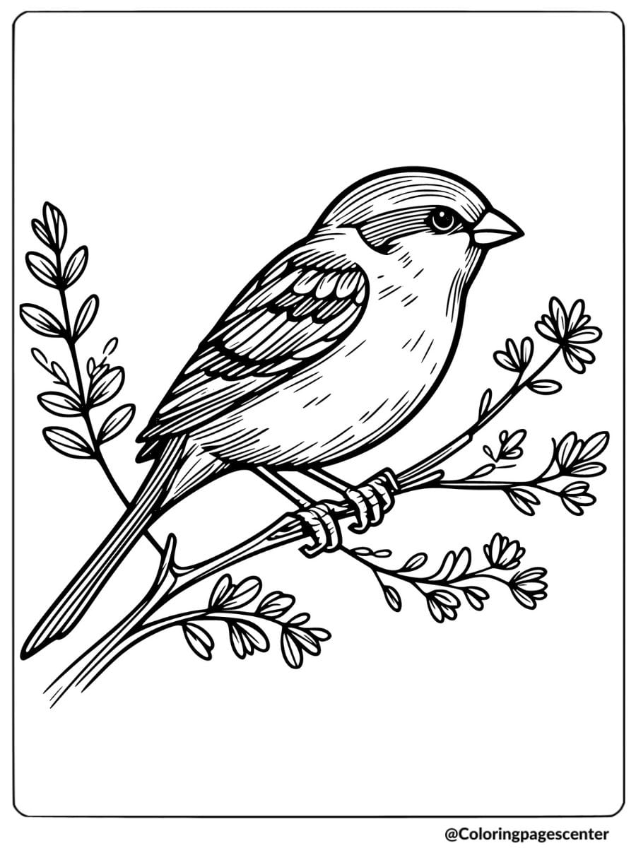 Sparrow bird resting on a branch coloring page