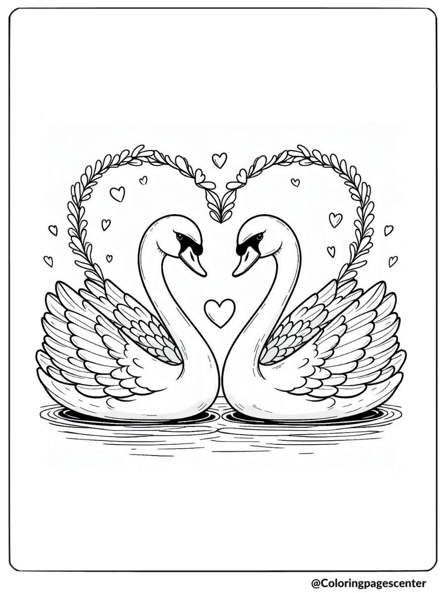 Swan birds forming heart shape coloring page