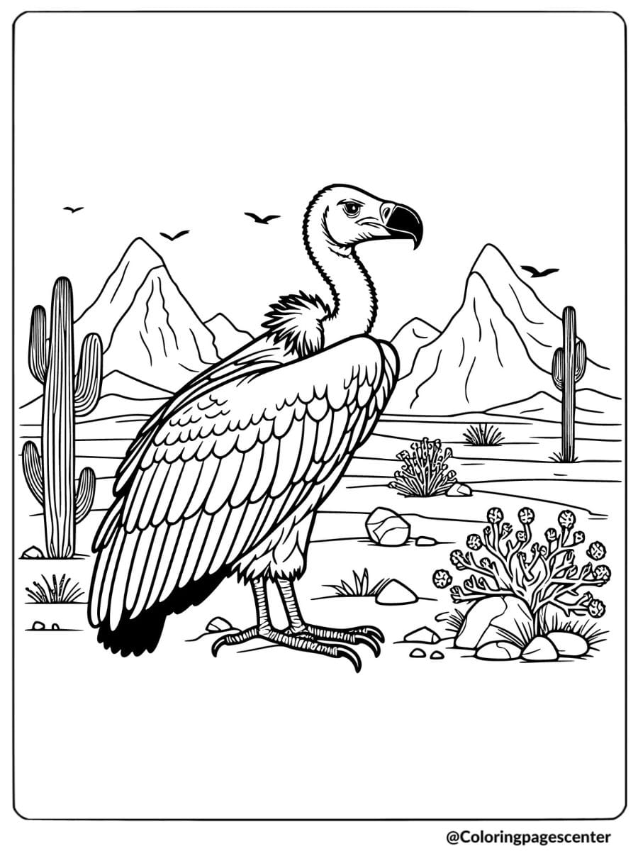 Vulture bird standing in desert landscape coloring page