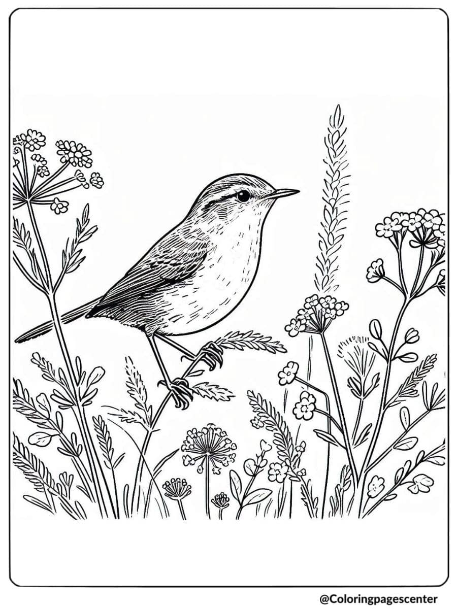 Warbler bird surrounded by flowers coloring page