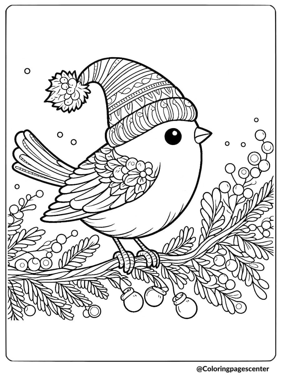 Bird wearing a winter hat on a branch coloring page