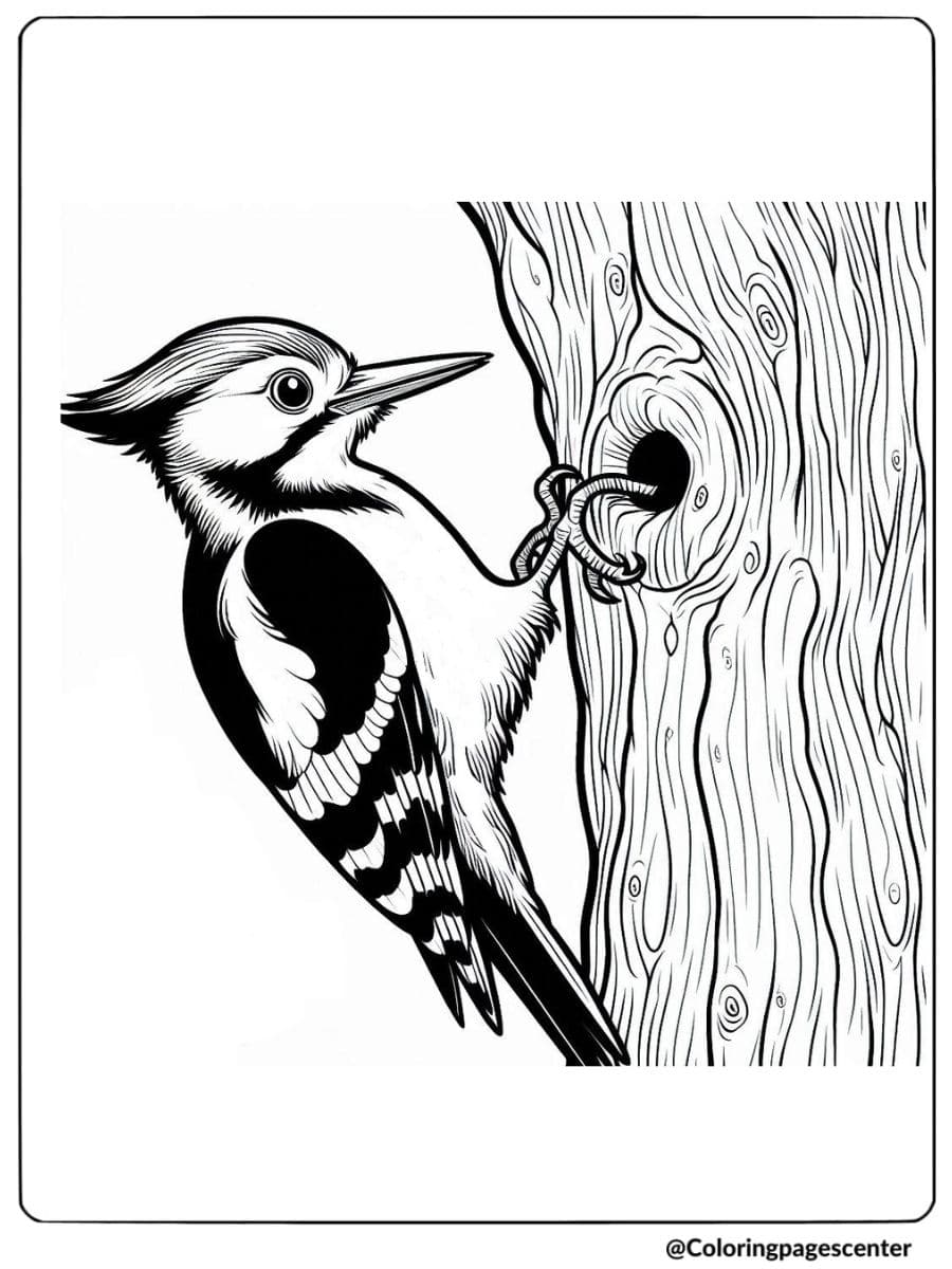 Woodpecker bird on a tree trunk coloring page