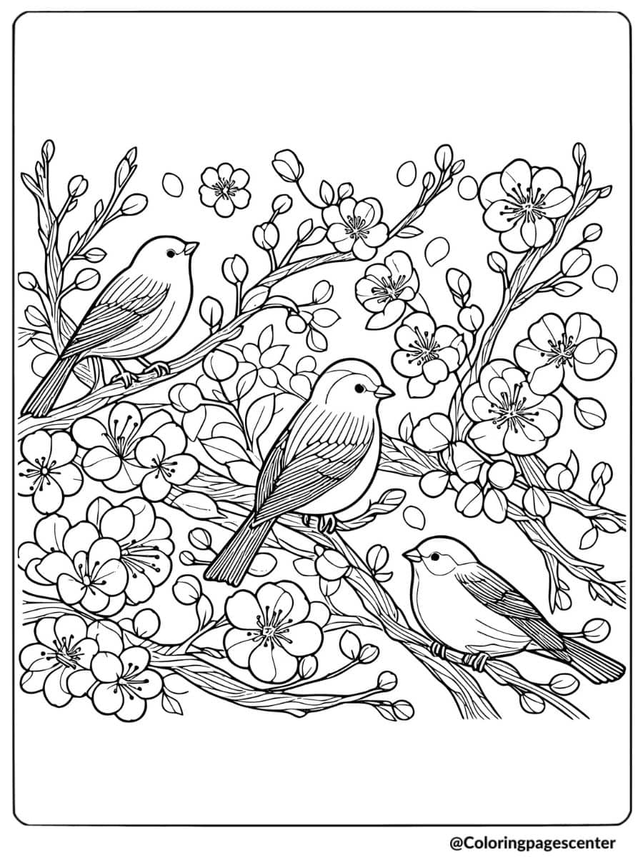 Coloring page of three birds sitting on branches