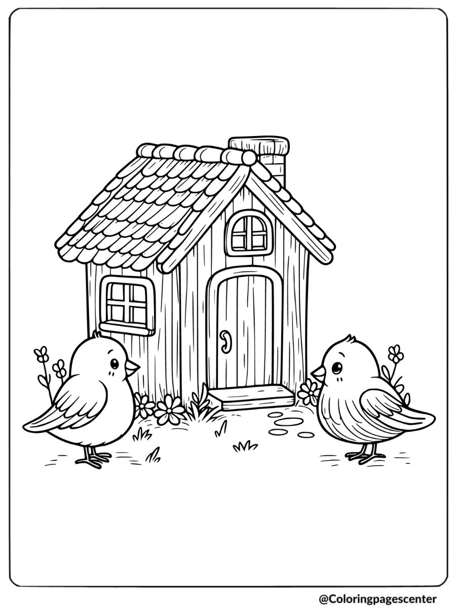 Coloring page of two birds standing near a small house