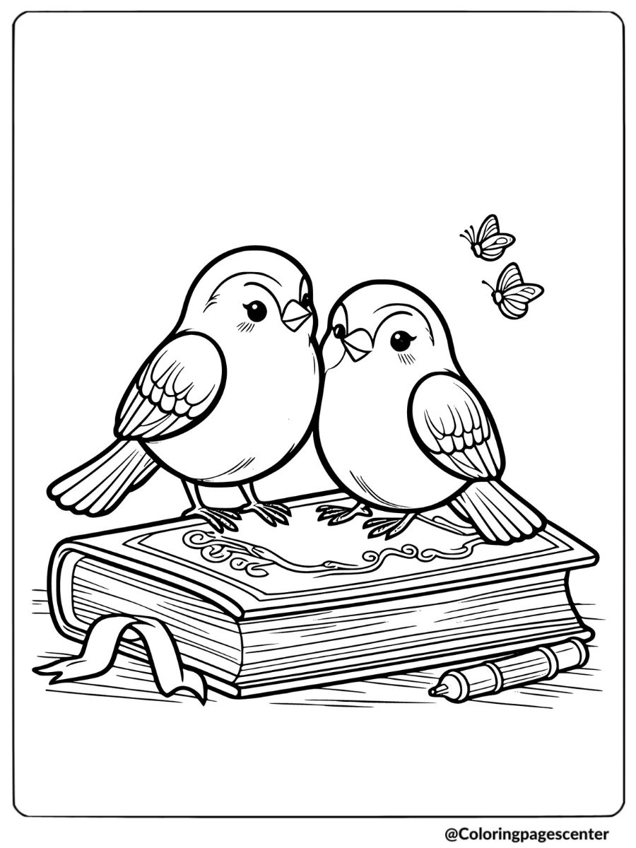 Coloring page of two birds perched on a large book