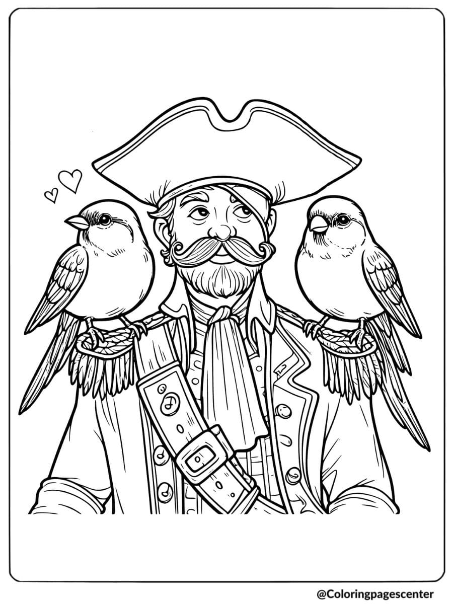 Coloring page of two birds sitting on a pirate's shoulders